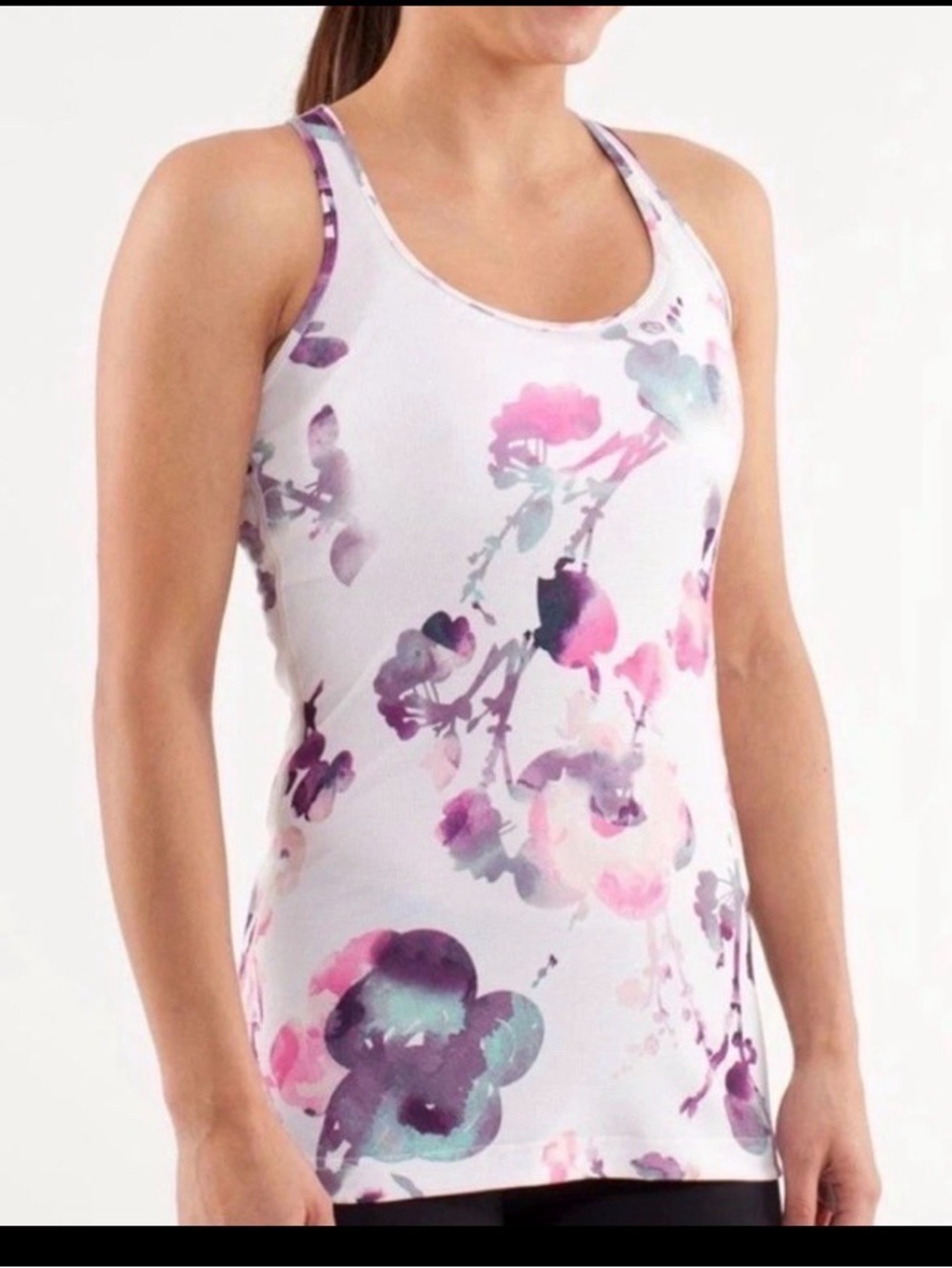 lululemon athletica White Floral Tank Top with Pink & Purple Accents